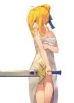  ahoge artoria_pendragon_(all) blonde_hair blue_ribbon braid breasts closed_mouth collarbone excalibur fate/stay_night fate_(series) french_braid frown green_eyes hair_bun hair_ribbon highres holding holding_sword holding_weapon long_hair medium_breasts messy_hair naked_towel ribbon saber simple_background solo sword tota_(sizukurubiks) towel weapon white_background 
