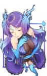  breasts closed_eyes collarbone facing_viewer fire from_above gloves highres kagutsuchi_(xenoblade) large_breasts long_hair purple_hair simple_background smile solo white_background xenoblade_(series) xenoblade_2 zumcunix 