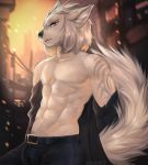  2018 abs angiewolf anthro black_nose canine city clothed clothing day detailed_background digital_media_(artwork) fur hair male mammal muscular muscular_male navel outside solo topless white_fur white_hair wolf yellow_eyes 