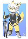  5_fingers alanisawolf777 blue_eyes bulge canine clothing fingerless_gloves fur gloves hand_on_hip male mammal melee_weapon solo sword tongue tongue_out weapon white_fur yellow_fur 