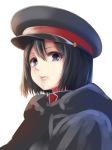  a9b_(louis814) akitsu_maru_(kantai_collection) bangs black_hair black_hat closed_mouth commentary_request expressionless eyelashes hair_between_eyes hat kantai_collection lips looking_at_viewer military_hat parted_bangs short_hair simple_background solo upper_body white_background 
