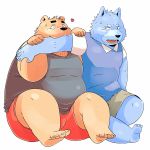  &lt;3 2016 anthro arufina_w bear belly blue_fur brown_fur canine clothing duo eyes_closed fur humanoid_hands male mammal overweight overweight_male shirt shorts simple_background sitting white_background wolf 