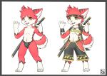  2018 4_toes 5_fingers alanisawolf777 anthro bandage bulge canine clothed clothing dog fundoshi fur headband japanese_clothing male mammal melee_weapon model_sheet multiple_versions piercing red_fur solo standing sword toes underwear weapon white_fur yellow_eyes 