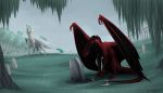  2018 claws day digital_media_(artwork) dragon duo feral grass membranous_wings outside raining red_eyes scalie sitting sky tree western_dragon wings wrappedvi 