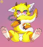  4_toes alanisawolf777 brown_fur chain collar dragon fur furred_dragon horn looking_at_viewer pawpads purple_eyes simple_background tail_hug toes white_fur yellow_fur 