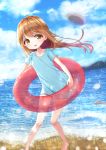  :d bangs bare_legs barefoot blue_shirt blue_sky blurry blurry_background blush brown_eyes brown_hair character_name clothes_writing cloud cloudy_sky commentary_request day depth_of_field eyebrows_visible_through_hair flat_cap grey_hat hat hataraku_saibou highres holding holding_innertube innertube long_hair ocean open_mouth outdoors platelet_(hataraku_saibou) red_innertube sawa_(sawasaku) shirt short_sleeves sky smile solo standing transparent upper_teeth very_long_hair water 