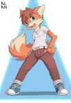  alanisawolf777 anthro belt blue_eyes bracelet brown_hair canine clothed clothing fox fur hair jeans jewelry male mammal necklace open_mouth orange_fur pants shirt simple_background solo standing t-shirt teenager young 