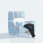  air_bubble avogado6 black_pants bubble collared_shirt commentary dress_shirt fish goldfish grey_background grey_hair no_shoes original pants shadow shirt simple_background sitting sleeping sleeping_upright slouching solo water what white_shirt 