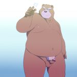  2012 anthro arufina_w balls bear belly brown_fur condom cum fur humanoid_hands male mammal moobs navel nipples one_eye_closed overweight overweight_male penis solo wink 