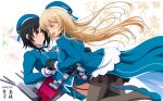  2girls anthropomorphism atago_(kancolle) black_hair blonde_hair gloves hat hug kantai_collection long_hair pantyhose red_eyes shira-nyoro short_hair shoujo_ai takao_(kancolle) uniform 