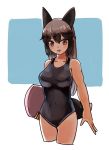 absurdres alternate_costume animal_ears bare_arms bare_shoulders black_hair brown_eyes casual_one-piece_swimsuit collarbone commentary cowboy_shot eyebrows_visible_through_hair fox_ears fox_tail grey_hair highres kemono_friends kickboard long_hair multicolored_hair omnisucker one-piece_swimsuit silver_fox_(kemono_friends) silver_hair sleeveless solo swimsuit tail 
