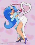  2018 absurd_res animal_humanoid anthro big_breasts big_lips blush breasts capcom cat_humanoid clothed clothing darkstalkers digital_media_(artwork) eyelashes eyeshadow felicia_(darkstalkers) feline female fluffylips green_eyes hair happy hi_res humanoid hyper_lips kiss_mark lips lipstick long_hair makeup mammal red_lips simple_background solo standing text thick_thighs video_games 