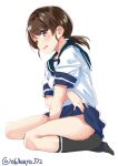  black_legwear blue_skirt blush breasts brown_eyes brown_hair crying crying_with_eyes_open ebifurya eyebrows_visible_through_hair highres kantai_collection kneehighs lifted_by_self long_hair looking_at_viewer miniskirt no_panties no_shoes open_mouth sailor_collar school_uniform serafuku shirayuki_(kantai_collection) short_sleeves simple_background sitting skirt skirt_lift small_breasts solo tears twintails wariza white_background 