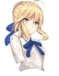 ahoge aqua_eyes artoria_pendragon_(all) bangs blonde_hair blue_ribbon braid breasts closed_mouth eyebrows_visible_through_hair fate/stay_night fate_(series) french_braid frown hair_between_eyes hair_bun hair_ribbon ribbon saber shirt short_hair simple_background small_breasts solo tota_(sizukurubiks) upper_body white_background white_shirt 
