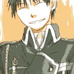  ^_^ amestris_military_uniform black_hair close-up closed_eyes fullmetal_alchemist happy lowres male_focus mattsu military military_uniform orange_background roy_mustang short_hair simple_background smile two-tone_background uniform upper_body white_background 