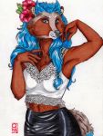  2016 5_fingers anthro biped blue_eyes blue_hair blue_tail breasts brown_fur canine cheek_tuft cleavage clothed clothing crop_top eyebrows female flower flower_in_hair fluffy fluffy_tail front_view fur grey_fur grey_nose grey_tail hair half-length_portrait humanoid_hands inner_ear_fluff leather long_hair looking_at_viewer mammal medium_breasts midriff multicolored_fur muzzle_scabs plant portrait q-nik raised_arm shirt simple_background skirt smile snout solo standing tanuki tanutanuki_(character) traditional_media_(artwork) tuft two_tone_fur two_tone_tail whiskers white_background 