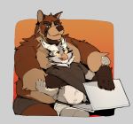  2018 5_fingers anthro avian beak bird brown_fur canine clothed clothing clothing_lift computer digital_media_(artwork) dog duo feathers fur grin laptop larger_male male male/male mammal overweight overweight_male owl red_eyes shammy shirt shirt_lift simple_background size_difference smaller_male smile underwear zangusuu 