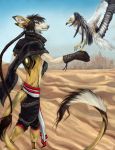  2018 anthro avian bird black_feathers blue_eyes canine day desert digital_media_(artwork) duo feathered_wings feathers feral male mammal nukerooster outside sky smile wings 