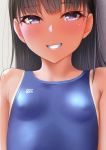  :d bangs bare_shoulders black_hair blue_swimsuit breasts commentary_request competition_swimsuit covered_nipples eyebrows_visible_through_hair grin kanzaki_muyu long_hair one-piece_swimsuit one-piece_tan open_mouth original purple_eyes small_breasts smile solo straight_hair swimsuit tan tanline teeth upper_body 