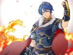  armor blue_eyes blue_hair cape falchion_(fire_emblem) fire fire_emblem fire_emblem:_monshou_no_nazo fire_emblem_heroes gloves looking_at_viewer male_focus marth short_hair simple_background smile solo tiara weapon white_background yuu_(ranranran1028) 