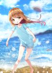  :d bangs bare_legs barefoot blue_shirt blue_sky blurry blurry_background blush brown_eyes brown_hair character_name clothes_writing cloud cloudy_sky day depth_of_field eyebrows_visible_through_hair flat_cap grey_hat hat hataraku_saibou highres long_hair ocean open_mouth outdoors platelet_(hataraku_saibou) sawa_(sawasaku) shirt short_sleeves sky smile solo standing upper_teeth very_long_hair water 