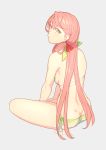  akashi_(kantai_collection) bikini from_behind full_body gradient_bikini green_eyes grey_background hair_ribbon highres indian_style kantai_collection long_hair looking_at_viewer pink_hair ribbon side-tie_bikini simple_background sitting solo swimsuit tress_ribbon white_bikini yuuji_(and) 