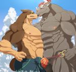  bovine broken_(artist) bulge canine clothing cum doberman dog frottage glowing glowing_eyes gyumao hair horn male male/male mammal muscular muscular_male nipples pecs red_hair sex shorts speedo swimsuit tokyo_afterschool_summoners xolotl 