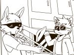  2014 anthro black_and_white black_nose canine cheek_tuft clothed clothing detailed_background dog duo eyebrows eyewear fur head_tuft holding_object hoodie inside male mammal monochrome musical_instrument playing_music playing_trumpet saku1saya seiya_(saku1saya) shirt standing sunglasses thick_eyebrows trumpet tuft 