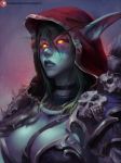  1girl breasts choker cleavage commentary_request cutesexyrobutts elf fantasy glowing glowing_eyes green_hair highres hood lipstick makeup medium_breasts pointy_ears red_eyes skull solo strap sylvanas_windrunner upper_body warcraft world_of_warcraft 