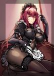  alternate_costume apron bodysuit breasts closed_mouth commentary_request eyebrows_visible_through_hair fate/grand_order fate_(series) gae_bolg gloves hair_intakes holding holding_weapon lace lace-trimmed_thighhighs large_breasts long_hair looking_at_viewer lying maid_apron maid_headdress okitakung on_side one_eye_closed pantyhose polearm puffy_sleeves purple_bodysuit purple_hair red_eyes scathach_(fate)_(all) scathach_(fate/grand_order) smile spear thighhighs weapon 