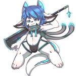  alanisawolf777 anthro black_fur blue_eyes blue_hair bulge cub dragon fur furred_dragon hair male melee_weapon navel scarf simple_background solo standing sword weapon white_fur young 