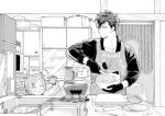  apron azuki_nagamitsu_(touken_ranbu) blush_stickers caught chair chopsticks drooling greyscale hair_ornament hairclip houchou_toushirou kitchen looking_at_another male_focus mixing_bowl monochrome multiple_boys oven pot reaching_out refrigerator short_hair sink spatula touken_ranbu wood yoichi_(3clyu5ad557eaaj) 