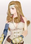  1girl armor beatrix belt breasts brown_eyes brown_hair cleavage eyepatch final_fantasy final_fantasy_ix gloves image_sample long_hair nini_tw99 solo twitter_sample 