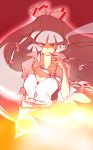  aura bow breasts cigarette cleavage collarbone collared_shirt cowboy_shot fujiwara_no_mokou glaring hair_bow hair_ribbon highres long_hair looking_at_viewer medium_breasts non_(z-art) red_eyes ribbon shirt short_sleeves silver_hair smoking solo touhou tress_ribbon white_shirt 