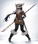  absurdres armor black_hair facial_mark glaive highres long_hair mask original skirt snow solo sword weapon whisker_markings youguang_liangliang 