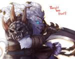  2014 anthro clothed clothing english_text fangs feline fur league_of_legends lion lower male mammal rengar_(lol) riot_games solo teeth text video_games weapon white_fur 