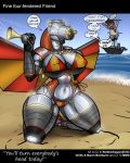  2018 anthro beach big_breasts bikini breasts chitty_chitty_bang_bang cleavage clothed clothing dialogue duo english_text female hand_on_breast hat holding_object human kneeling living_car living_machine machine male mammal navel nipple_bulge not_furry outside renthedragon ring rubber_horn sea seaside ship solo_focus sound_effects speech_bubble swimsuit text thick_thighs vehicle water wide_hips wings 
