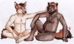  2016 3_toes 5_fingers 5_toes animal_genitalia anthro anthro_on_anthro arm_support balls beard belly biped black_nose blue_eyes body_hair brown_balls brown_countershading brown_eyes brown_fur brown_hair brown_tail canine caress casual_nudity chest_hair chest_tuft claws countershade_tail countershade_torso countershading coyote coyote_(nasshnarah) dog_tags duo eye_contact facial_hair feet fluffy fluffy_tail full-length_portrait fur hair hand_on_leg humanoid_feet humanoid_hands inner_ear_fluff interspecies jewelry looking_at_another looking_at_partner male male/male mammal multicolored_fur mustelid muzzle_scabs navel necklace nude open_mouth open_smile orange_fur orange_tail penis penis_tip plantigrade portrait pubes q-nik raised_arm raised_leg reclining red_tongue reverse_countershading rosomack sheath short_hair simple_background sitting slightly_chubby smile snout toe_claws toes traditional_media_(artwork) tuft two_tone_fur two_tone_tail white_background white_balls white_claws white_fur wolverine 
