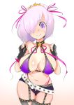  bb_(fate)_(all) bb_(swimsuit_mooncancer)_(fate) bb_(swimsuit_mooncancer)_(fate)_(cosplay) belt bikini blush breasts commentary_request cosplay fate/grand_order fate_(series) fingerless_gloves gloves hair_ornament hair_over_one_eye highres kisaki_(strange_s_k) large_breasts lavender_hair loose_belt mash_kyrielight micro_shorts purple_bikini purple_eyes purple_ribbon ribbon short_hair shorts solo star star_hair_ornament stomach sweatdrop swimsuit 