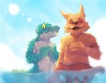  anthro canien canine crocodilian duo fangs league_of_legends looking_at_viewer lower male mammal nasus_(lol) open_mouth renekton reptile riot_games scalie sky tongue video_games water 