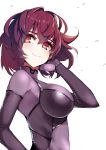  alternate_hair_length alternate_hairstyle bangs bodysuit breasts bright_pupils closed_mouth commentary_request fate/grand_order fate_(series) hair_between_eyes hair_intakes highres kobo_(cobo_0609) large_breasts purple_bodysuit purple_hair red_eyes scathach_(fate)_(all) scathach_(fate/grand_order) short_hair simple_background smile solo turtleneck upper_body white_background white_pupils 