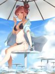  akausuko bare_shoulders beach_umbrella bikini black_bikini blue_sky bottle breasts chair cloud collarbone day double_bun feet_out_of_frame hair_bun highres long_hair medium_breasts navel open_clothes original outdoors ramune red_eyes red_hair side-tie_bikini sitting sky soaking_feet solo swimsuit table umbrella water white_robe 