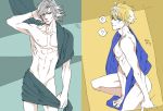  ? adonis_belt arthur_pendragon_(fate) blonde_hair blue_eyes edmond_dantes_(fate/grand_order) fate/grand_order fate_(series) groin looking_at_viewer male_focus multiple_boys naked_sheet one_knee short_hair toned toned_male wavy_hair white_hair yellow_eyes yococco 