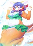  2018 4_fingers absurd_res anthro aruurara bikini blue_eyes blue_hair blush clothing countershading curved_horn dragon eyelashes frill hair happy hi_res horn long_hair navel one_eye_closed open_mouth orange_scales scales scalie simple_background slightly_chubby swimsuit thick_thighs water wet white_background white_scales 