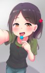  arm_up black_hair brown_eyes candy commentary_request denim food green_shirt hair_bobbles hair_ornament highres jeans licking lollipop long_hair one_side_up open_mouth original pants reaching_out self_shot shirt smile solo tank_top tanukikouji_midori tongue tongue_out upper_body 