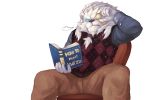  2016 5_fingers anthro book chair clothed clothing fangs feline fully_clothed fur league_of_legends lion lower male mammal pants rengar_(lol) riot_games simple_background sitting solo video_games white_background white_fur 