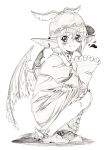  animal_ears bird_ears blush commentary_request dress earrings fang_out from_side graphite_(medium) greyscale hair_between_eyes hat heart highres jewelry long_sleeves looking_at_viewer looking_to_the_side monochrome mystia_lorelei pink_x scan shoes simple_background smile solo squatting touhou traditional_media white_background wide_sleeves wings 