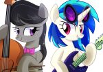  2018 black_hair blue_hair bow_(stringed_instrument) bow_tie cello cute duo earth_pony electric_guitar equine eye_contact eyelashes eyewear female feral friendship_is_magic grin guitar hair hi_res holding_musical_instrument holding_object horn horse long_hair mammal multicolored_hair musical_instrument my_little_pony nude octavia_(mlp) pony purple_eyes signature simple_background smile sunglasses teeth two_tone_hair unicorn vinyl_scratch_(mlp) white_background yaaaco17 