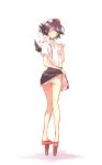 ass bare_legs bird_wings black_hair bra breasts collared_shirt full_body geta hat highres looking_at_viewer medium_breasts miniskirt non_(z-art) open_clothes open_shirt panties panty_peek pom_pom_(clothes) red_eyes red_footwear shameimaru_aya shirt shirt_pull short_hair short_sleeves simple_background skirt solo standing tengu-geta tokin_hat tongue tongue_out touhou underwear white_background white_bra white_panties white_shirt wings 