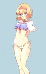  adapted_costume alice_margatroid arms_behind_back bare_legs between_breasts bikini bikini_bottom blonde_hair blue_background blue_eyes blush breasts cowboy_shot hairband highres looking_at_viewer medium_breasts navel necktie necktie_between_breasts non_(z-art) short_hair side-tie_bikini simple_background solo standing stomach swimsuit touhou underboob white_bikini 